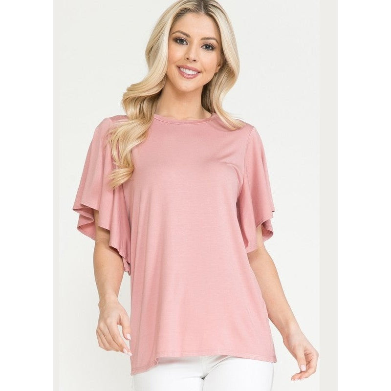 Solid Short Butterfly Sleeve Round Neck Top