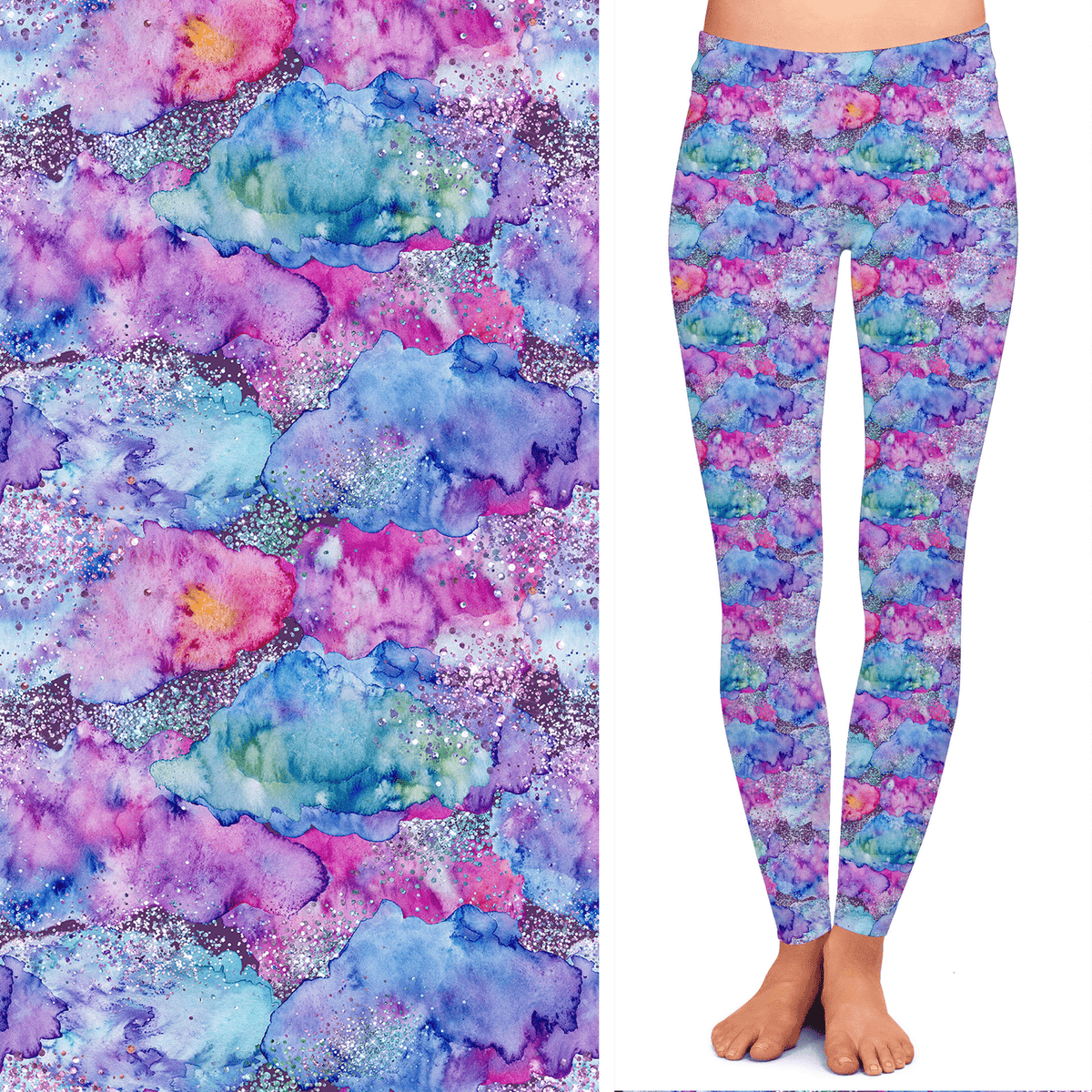 Watercolor Printed Glitter Leggings with Pockets Design