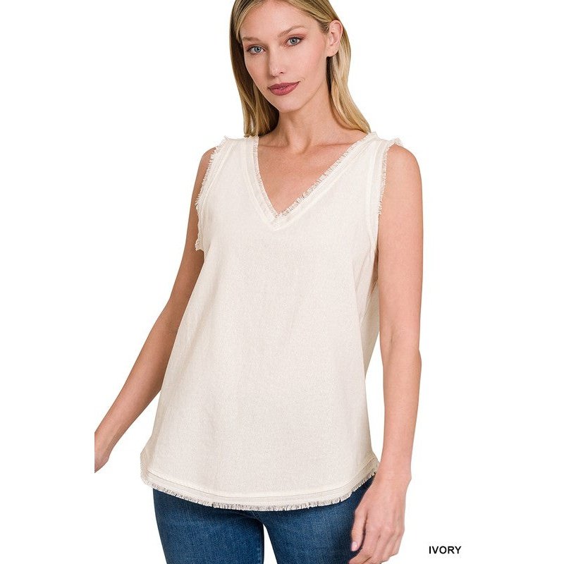 LINEN PRE-WASHED FRAYED EDGE V-NECK SLEEVELESS TOP