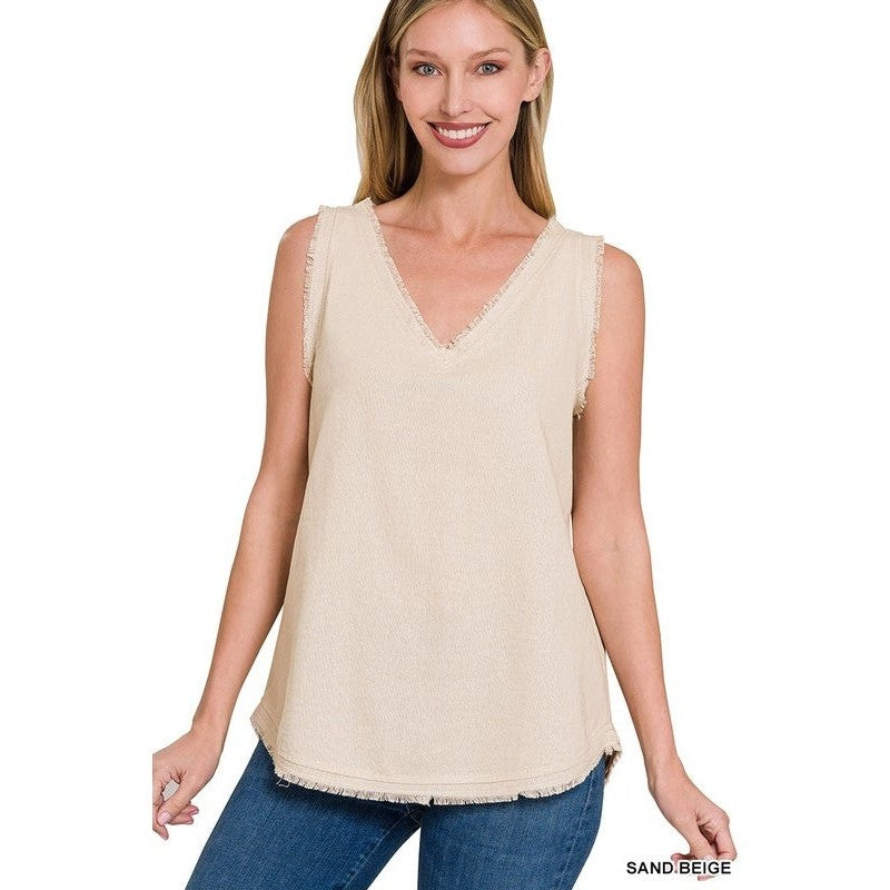 LINEN PRE-WASHED FRAYED EDGE V-NECK SLEEVELESS TOP