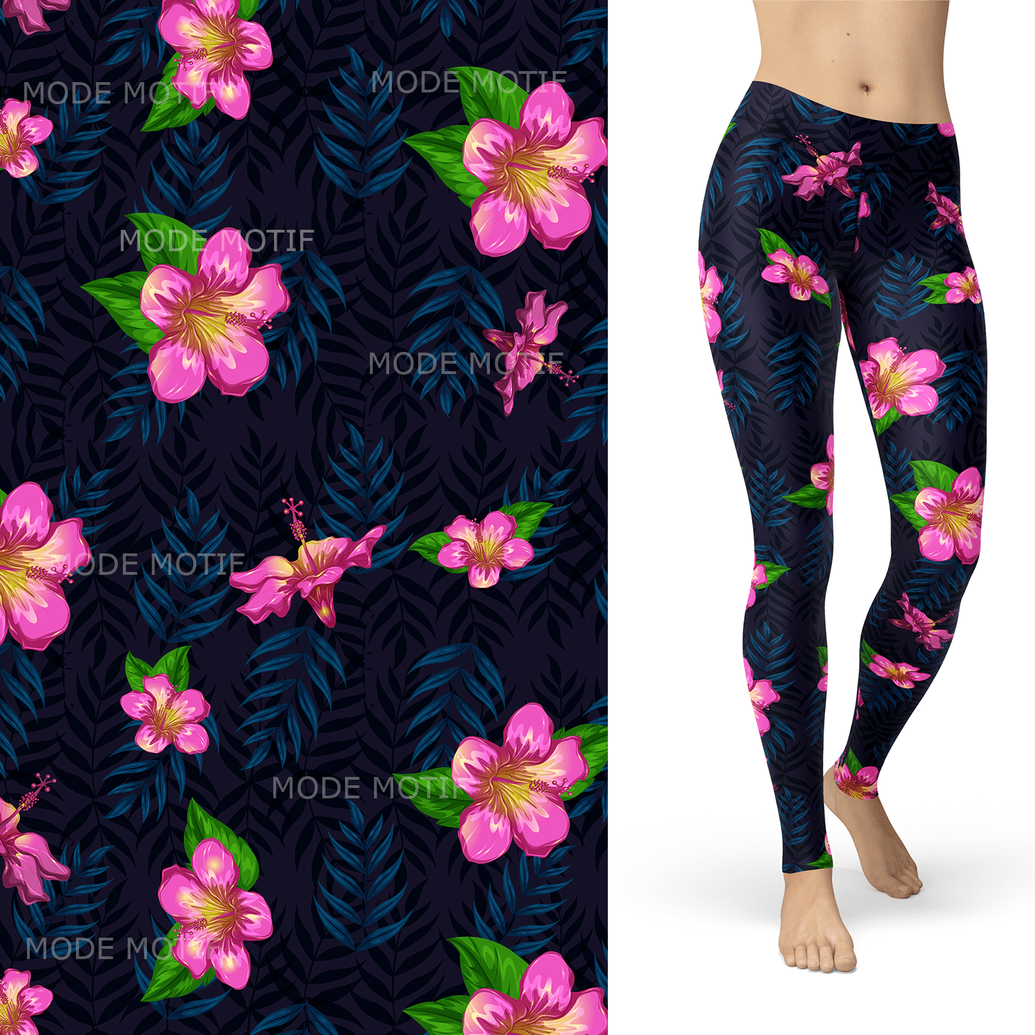 Tropical Night with Leaf and Pink Lilly Leggings