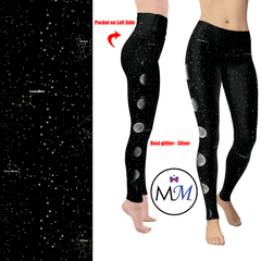 Cosmos Moon Leggings with Constellations Real Silver Foil Glitter and Pockets
