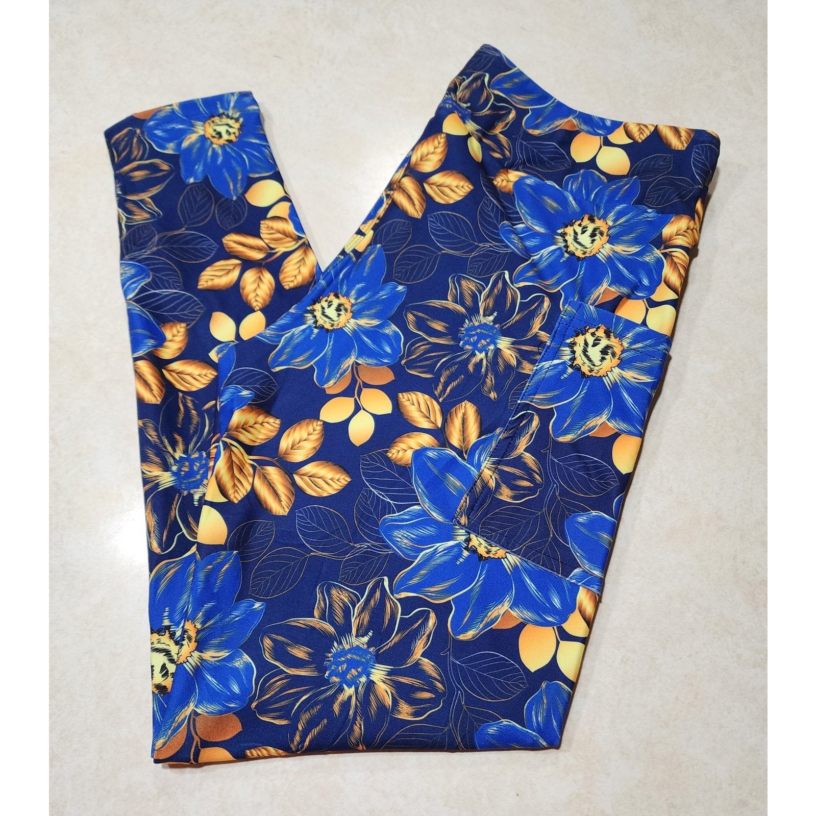 Royal Blue Flower Blooms with Gold Accent Leaf Full Length w/ Pockets