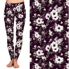 Floral Leggings  Burgundy Maroon  with White Flowers with Pockets