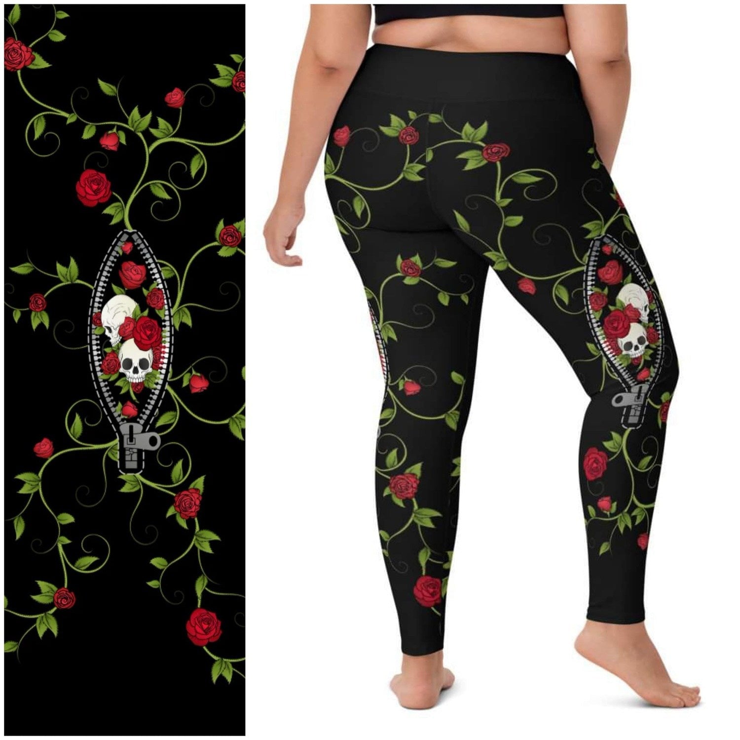 Zippered Skull with Red Roses and Vines with Pockets