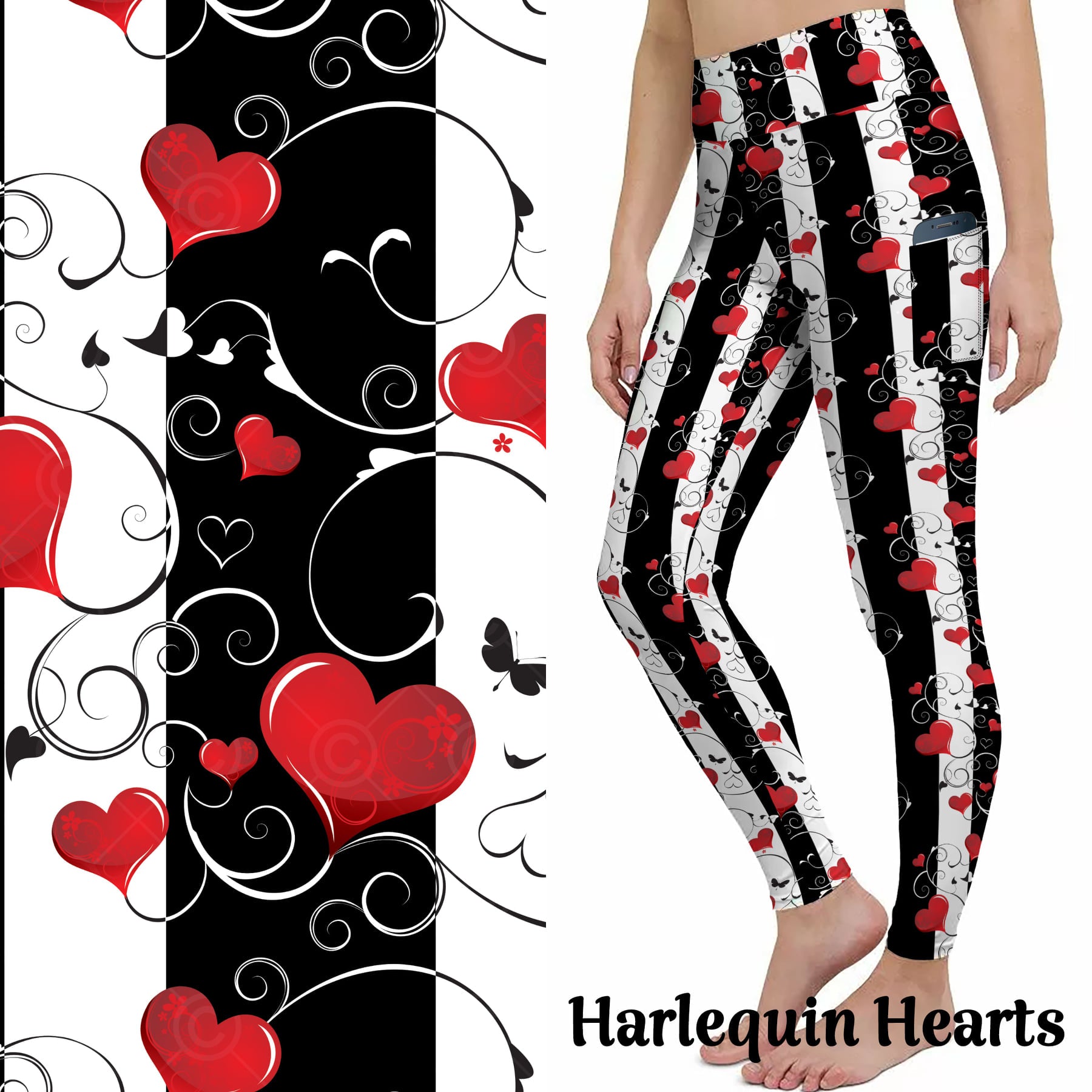 Harlequin Leggings Black White Red Heart with Pockets
