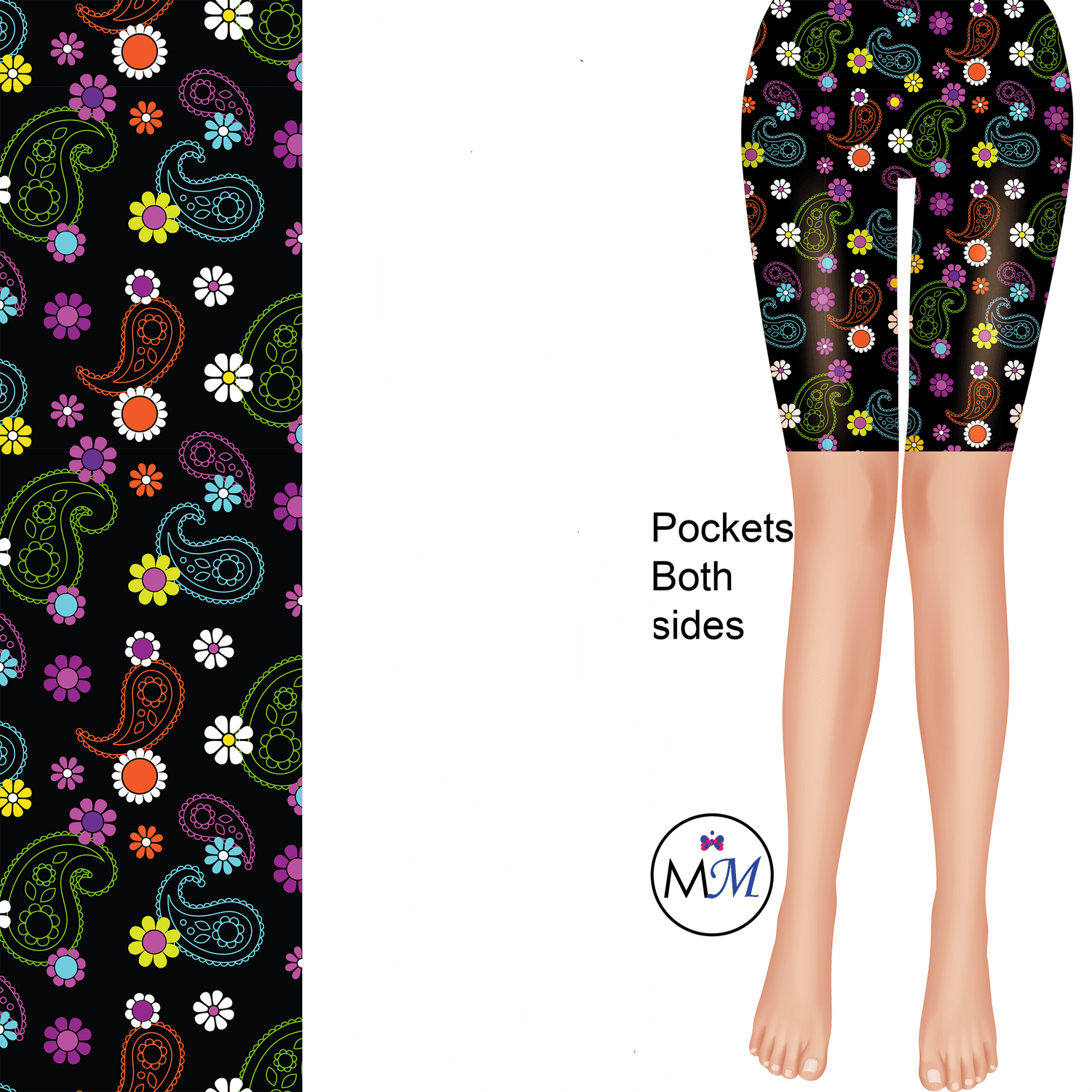 Black Paisley Colorful Shorts Leggings with pockets