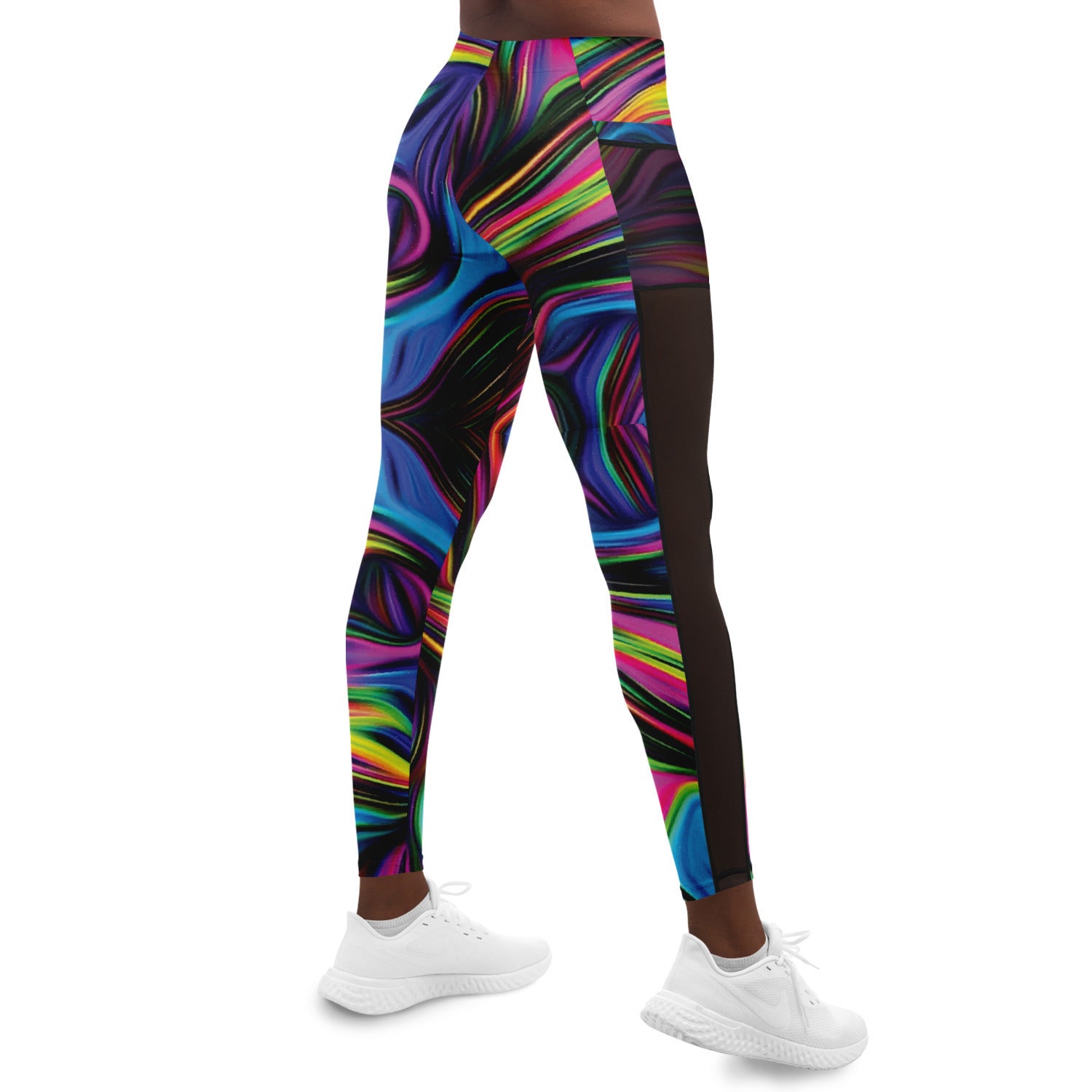 Custom Color Wave Leggings with Mesh Pockets - Cut and Sewn