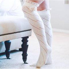 Ivory Thigh High Diamond Pattern Socks