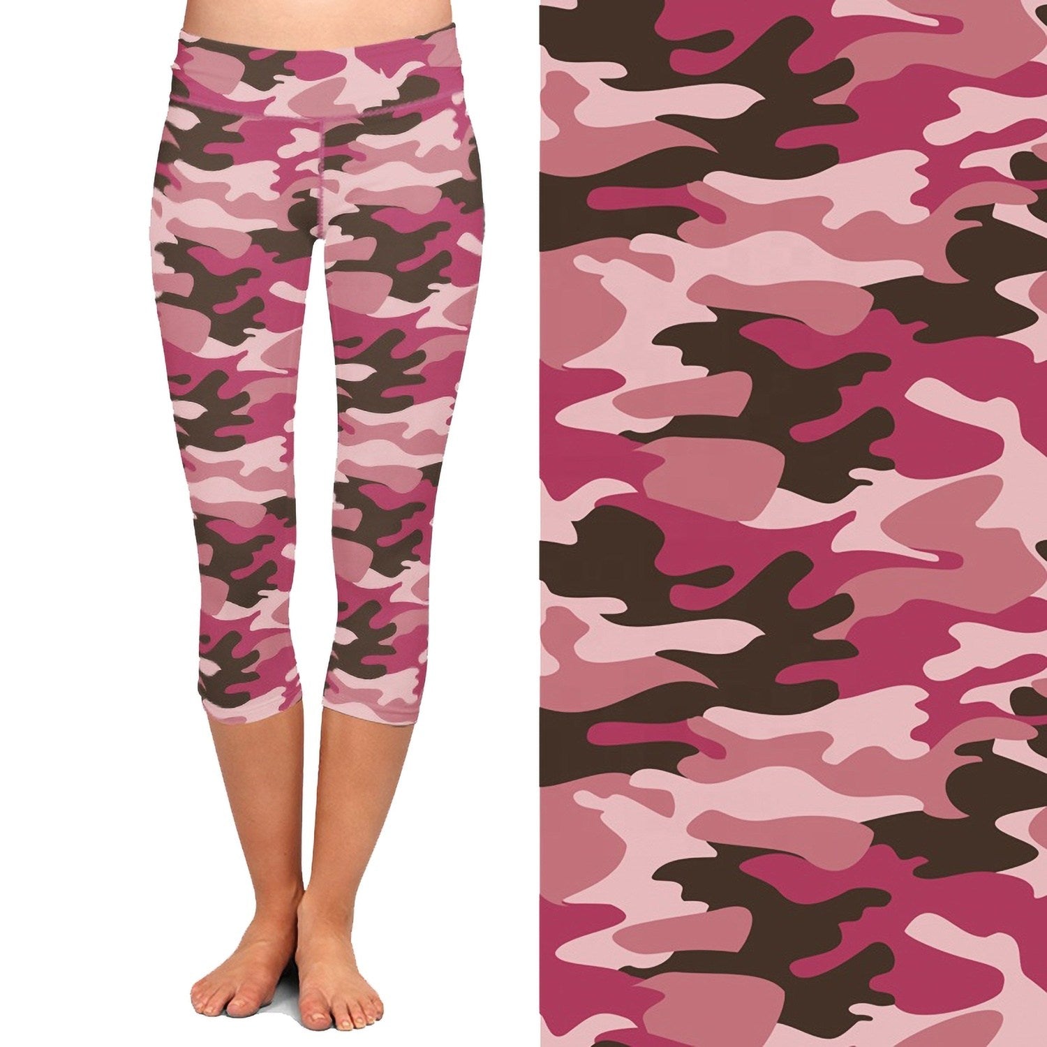 Pink Camo Capri Leggings with Pocket on Left Side
