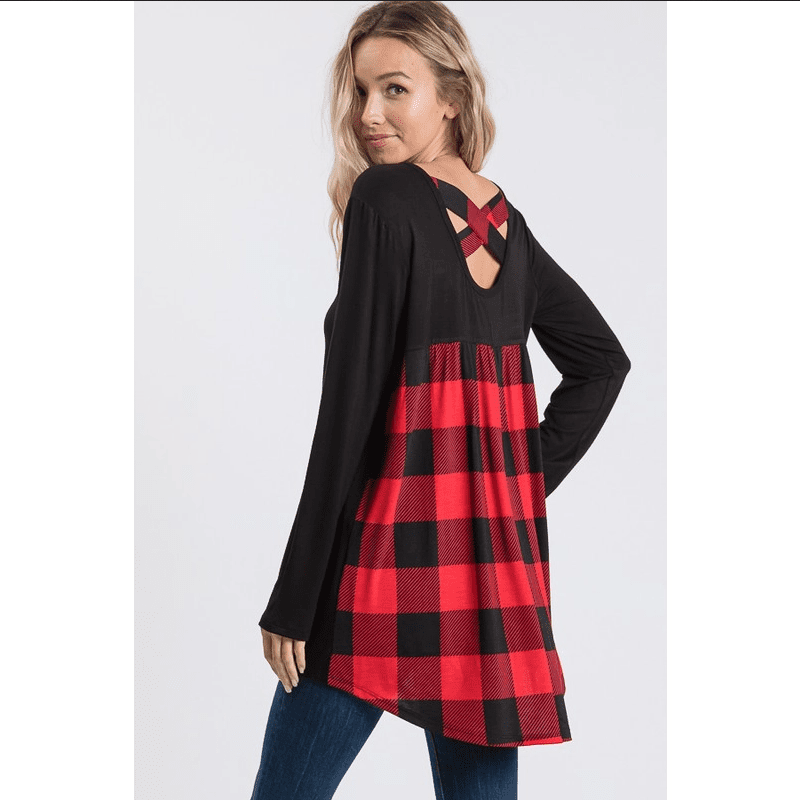 Buffalo Plaid Plus Tunic with SOLID AND PLAID TOP WITH CRISSCROSS BACK