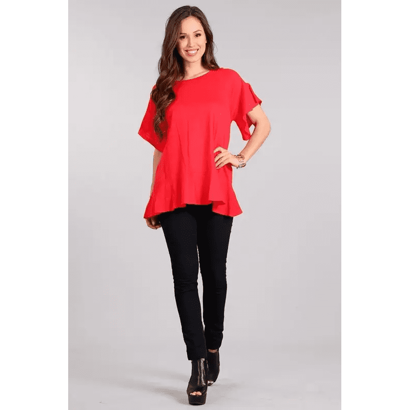 Cotton Blend Plus Size Ruffle Top in Red