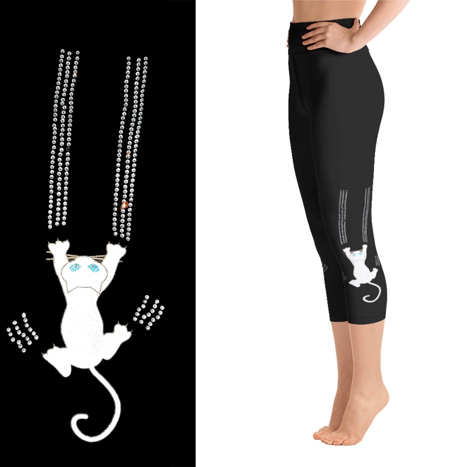 Black Cat Claw Scratch Capri Leggings Rhinestone and Glitter - Black / Cat Print / Cat Lover / Cat Pants / Cat RTS