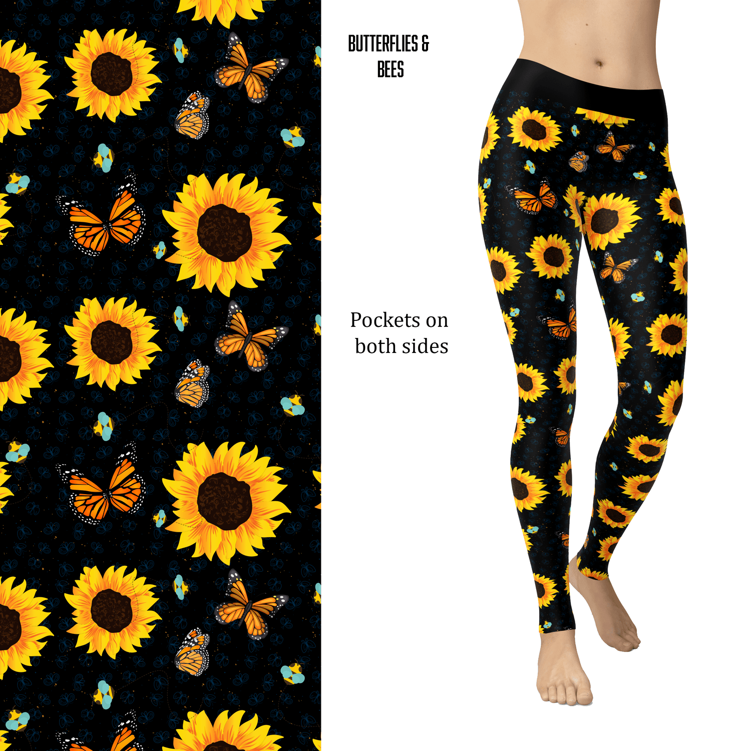 Butterfly, BumbleBee and Sunflowers Black Background Leggings with Pockets