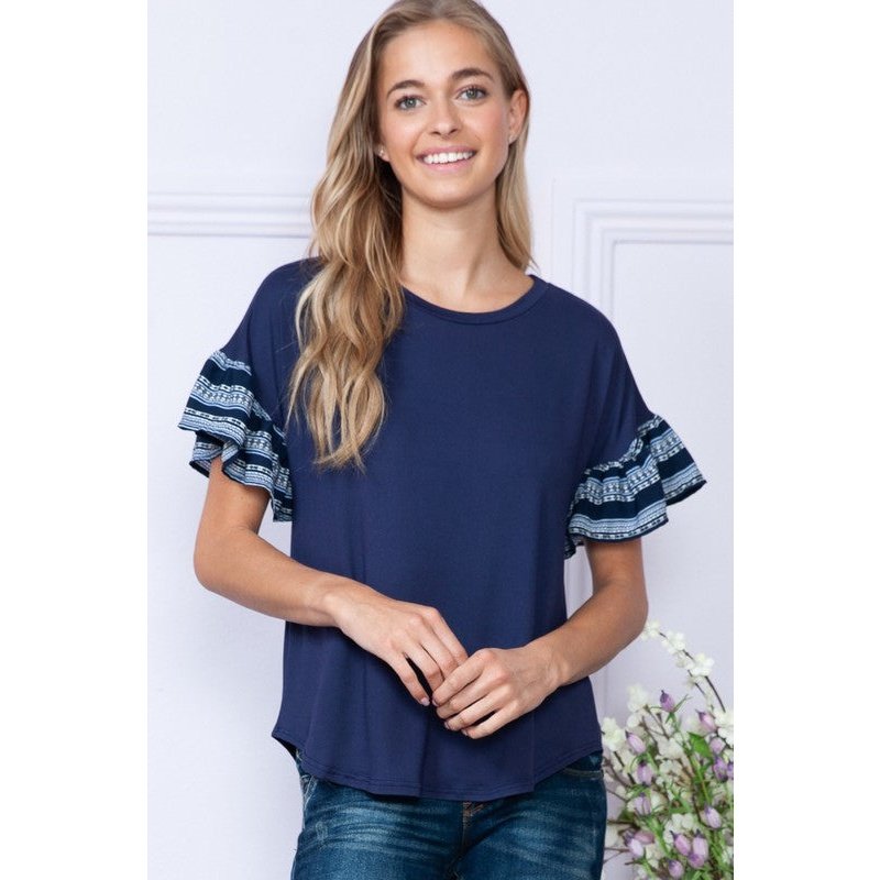 Plus Solid Geometric Contrast Short Sleeve Top