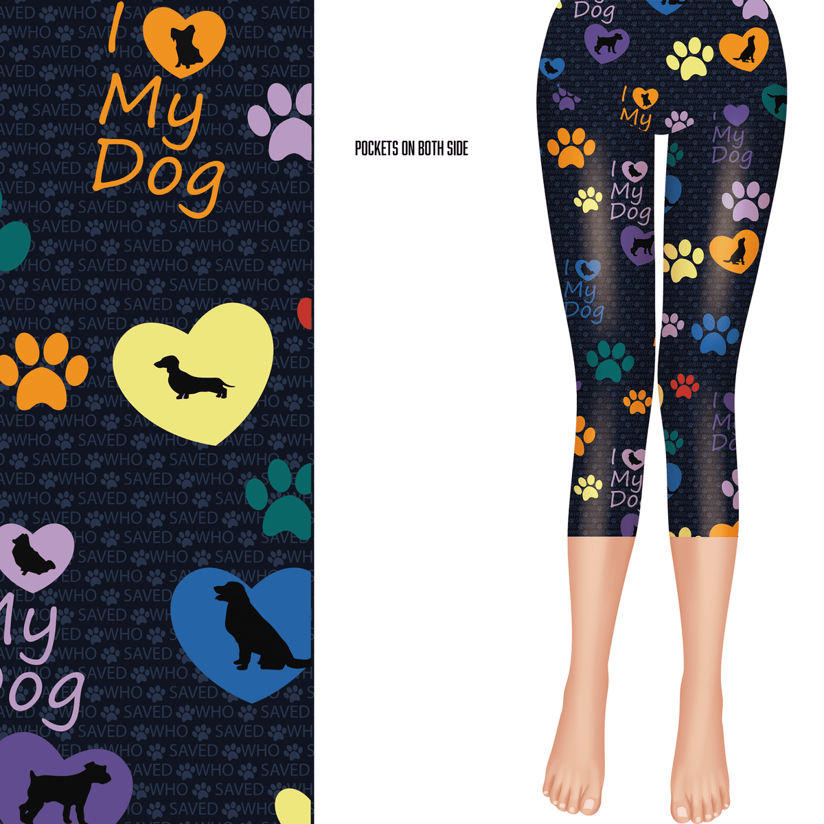 Dog Love Capri Leggings with Hearts and Paw Prints Small Print- Fur Baby - Dog Rescue