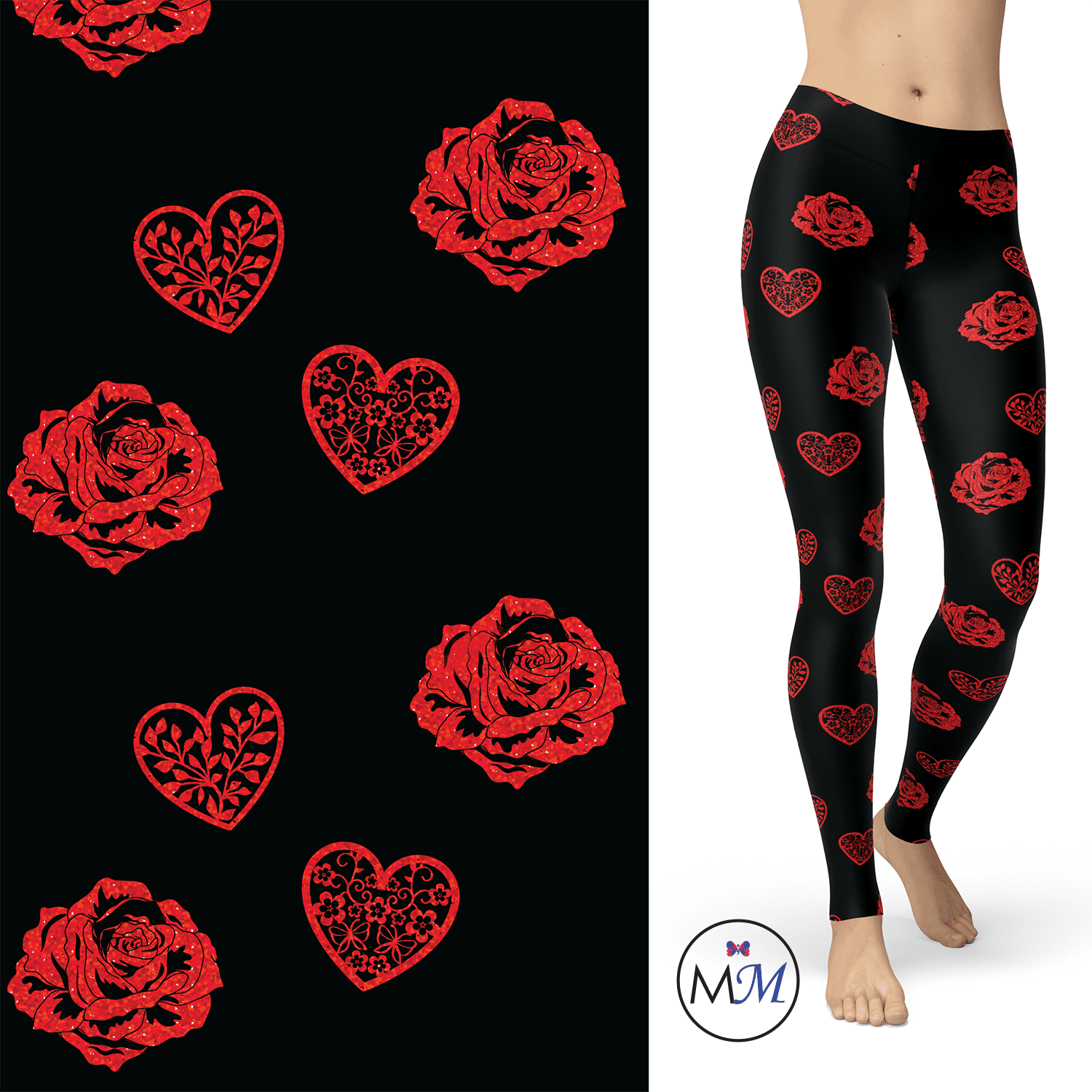 Hearts with Roses on Black with Red Sparkle Foil and Pockets