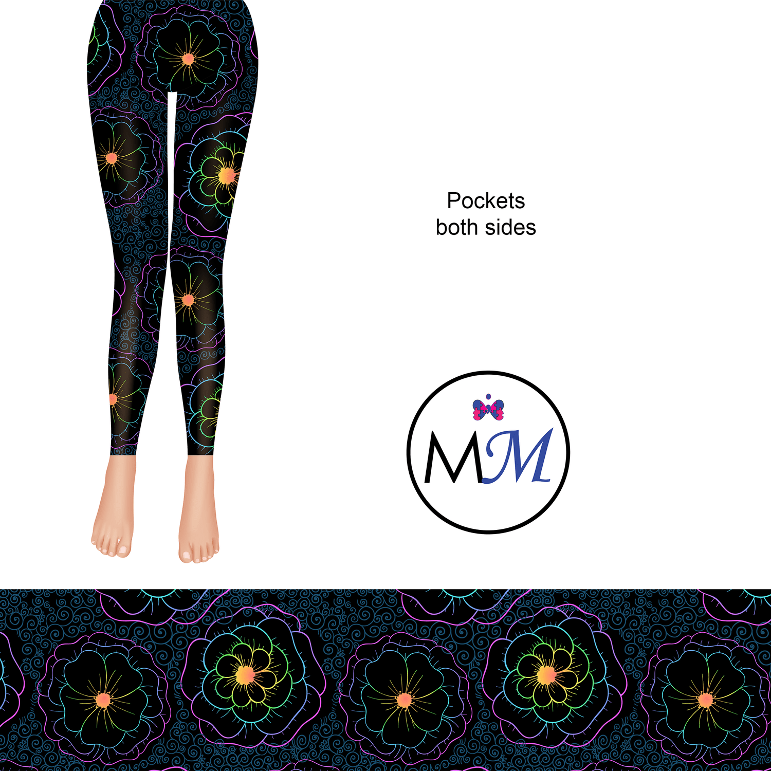 Fluorescent Glow Flowers Full Length Leggings with pockets