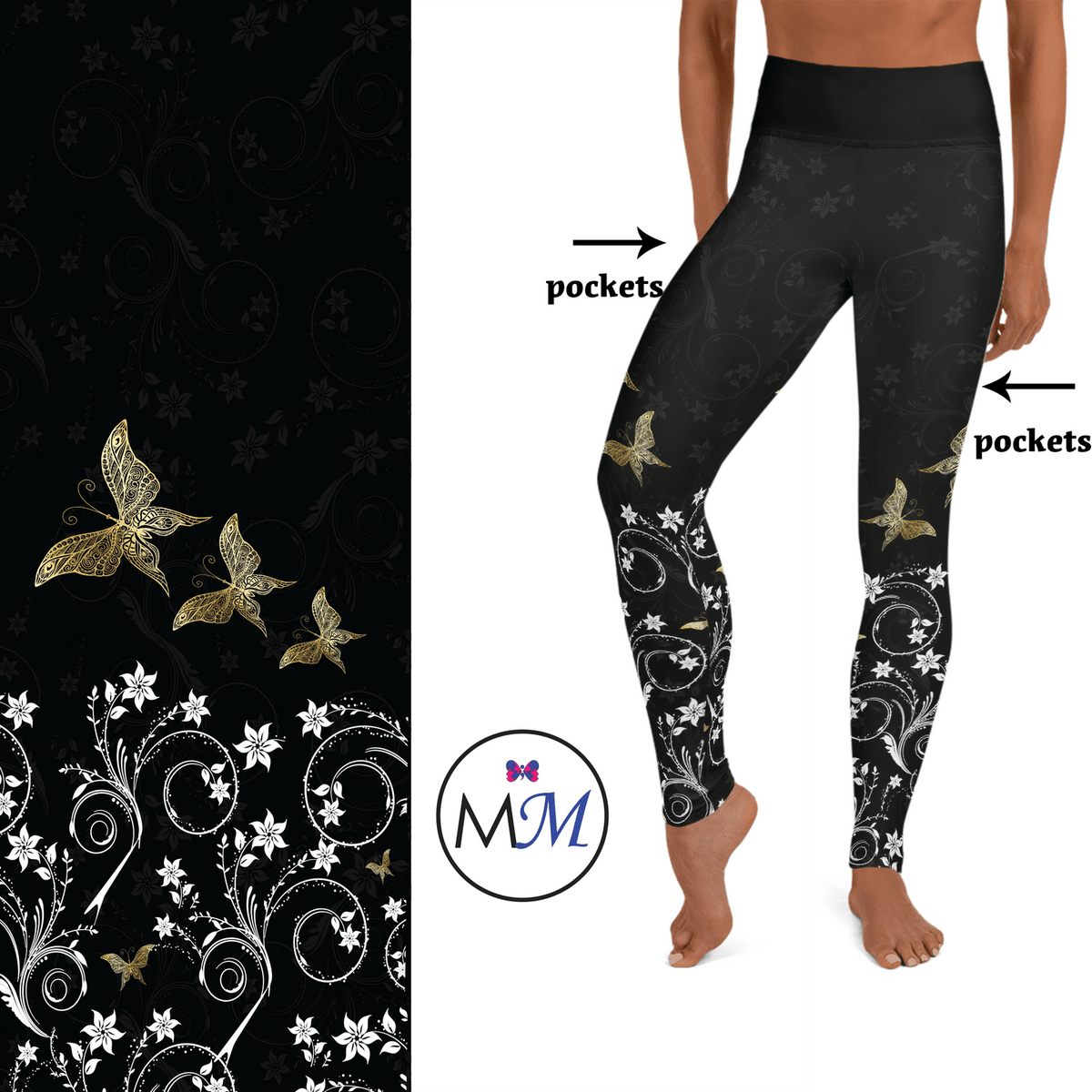 Gold Butterfly Effect Full Length Leggings with Pockets