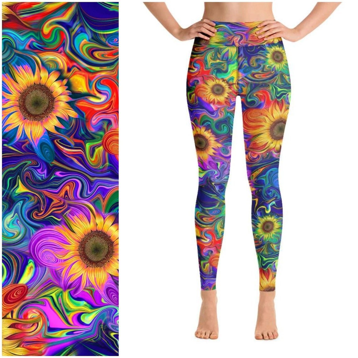 Neon Sunflower Leggings Color Wave Background - NO pockets