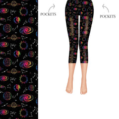 Fluorescent Neon Outer Space Capri Leggings - Galaxy, Planets, Cosmos, Constellations with Pockets