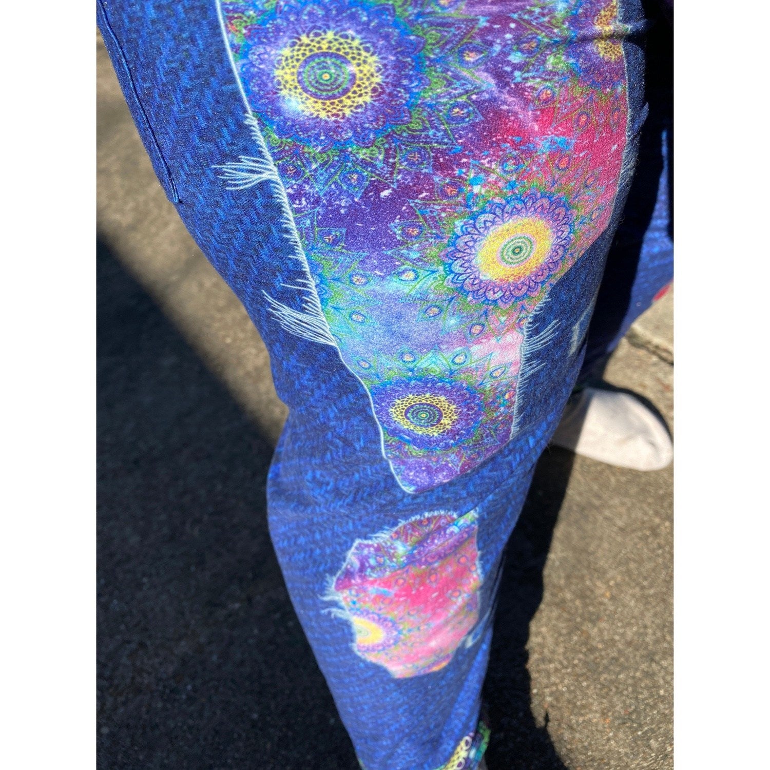 Jean Printed Leggings with faux Mandala Patches in Capri with Pockets
