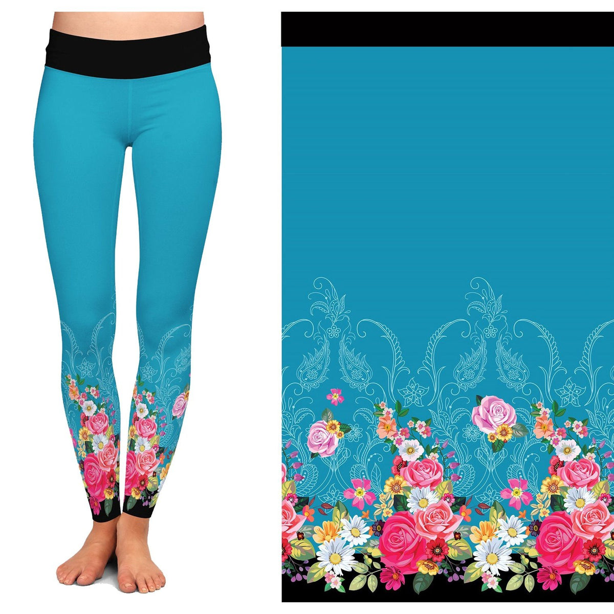 Flower Leggings with Tulips, Daisy, Lilly on a Gray Textured Background with Pocket