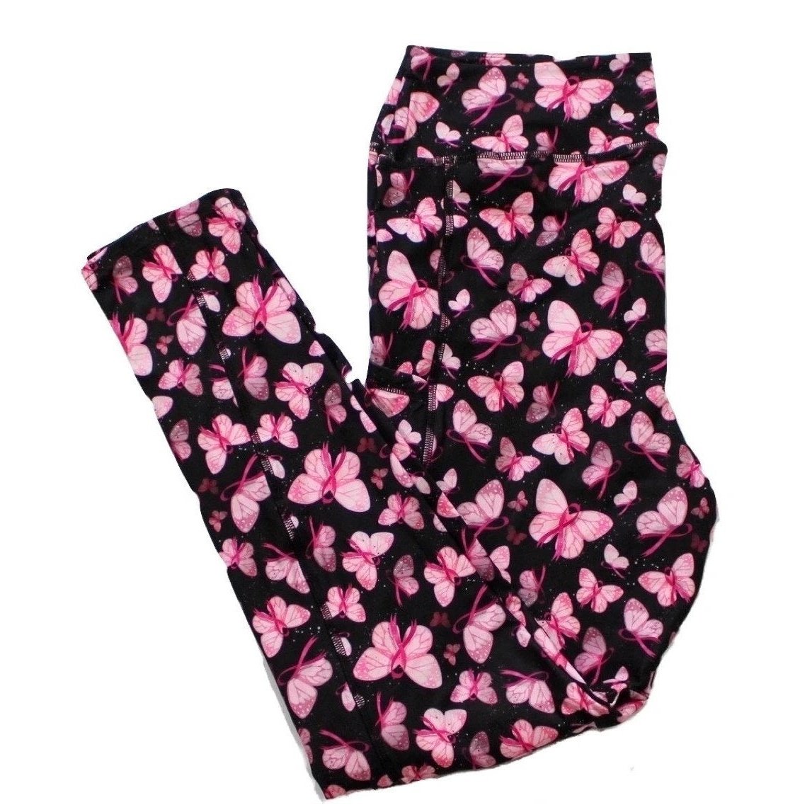 Breast Cancer Awareness Leggings Pink Ribbon Butterflies with Pocket