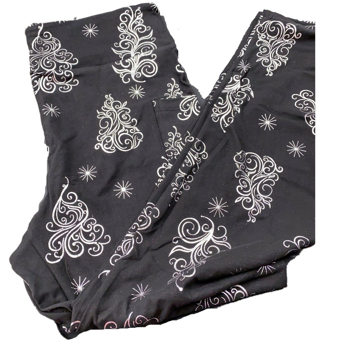 Christmas Tree Glitter Leggings with Pockets and Heat Sealed Real Silver Glitter - Ready to Ship