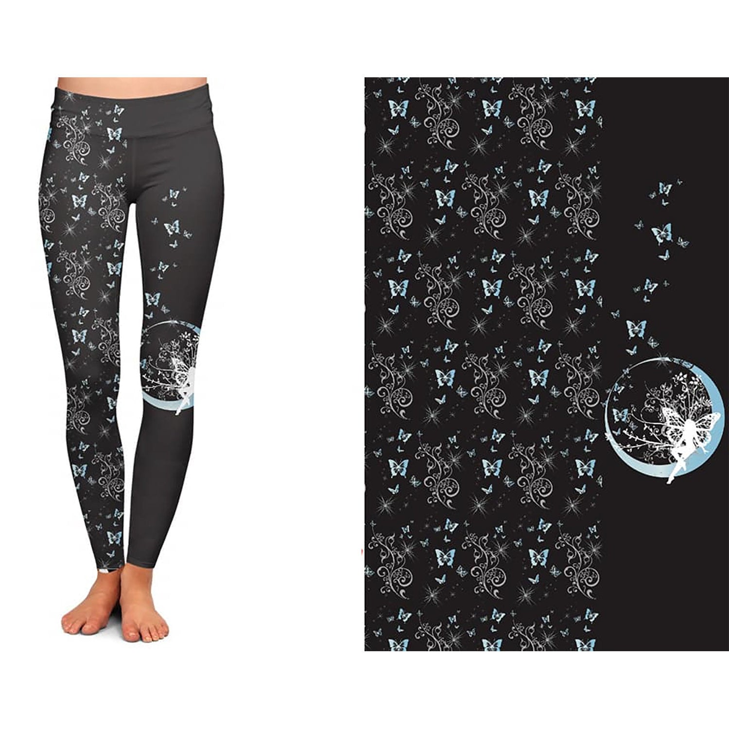 Black, Blue, White Leggings with Fairy - Pockets - Ready to Ship