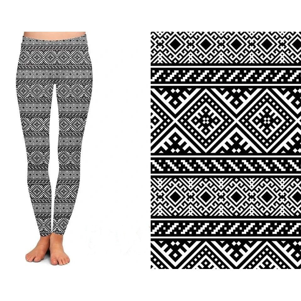 Black White Leggings Aztec Pattern  with pockets