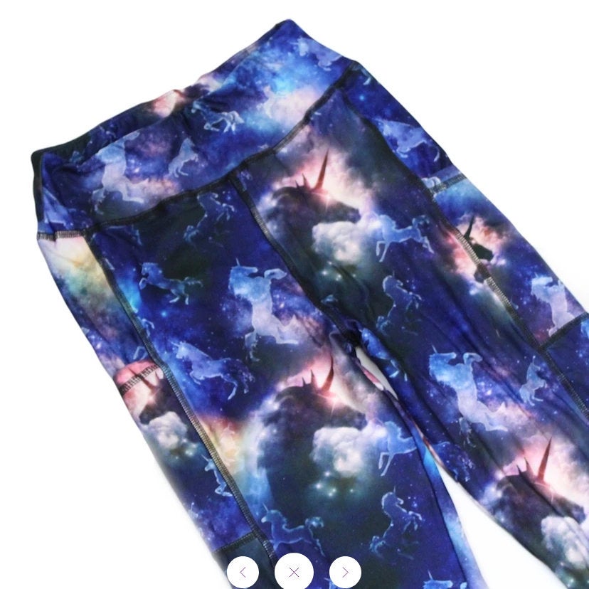 Unicorn Leggings on Blue and Black Cloud with Pockets