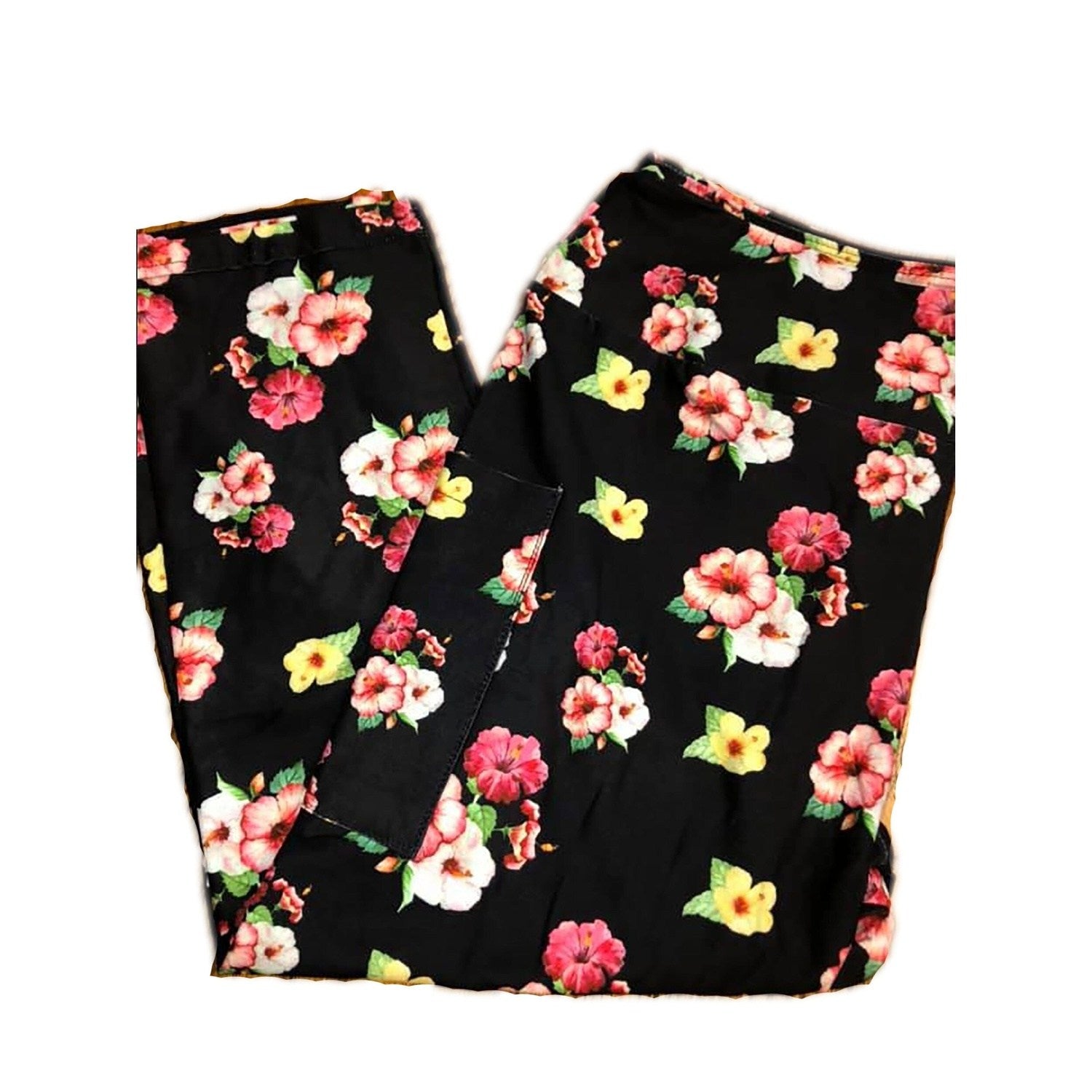 Rose Leggings with Yellow, and Pink Roses on Black Background with Pockets