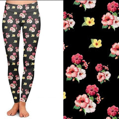 Rose Leggings with Yellow, and Pink Roses on Black Background with Pockets