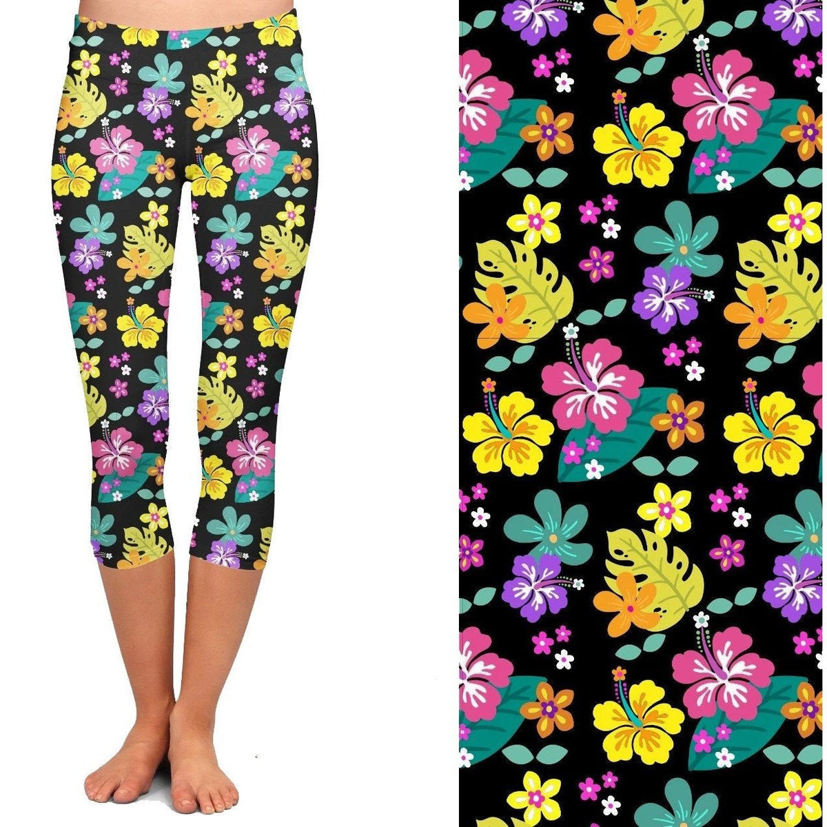Hibiscus Leggings -Floral Spring Flowers Capri Black Background with Pockets