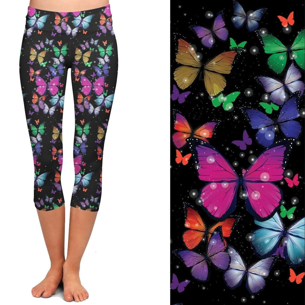 Neon Butterfly Leggings with Bubbles on Black with Pockets