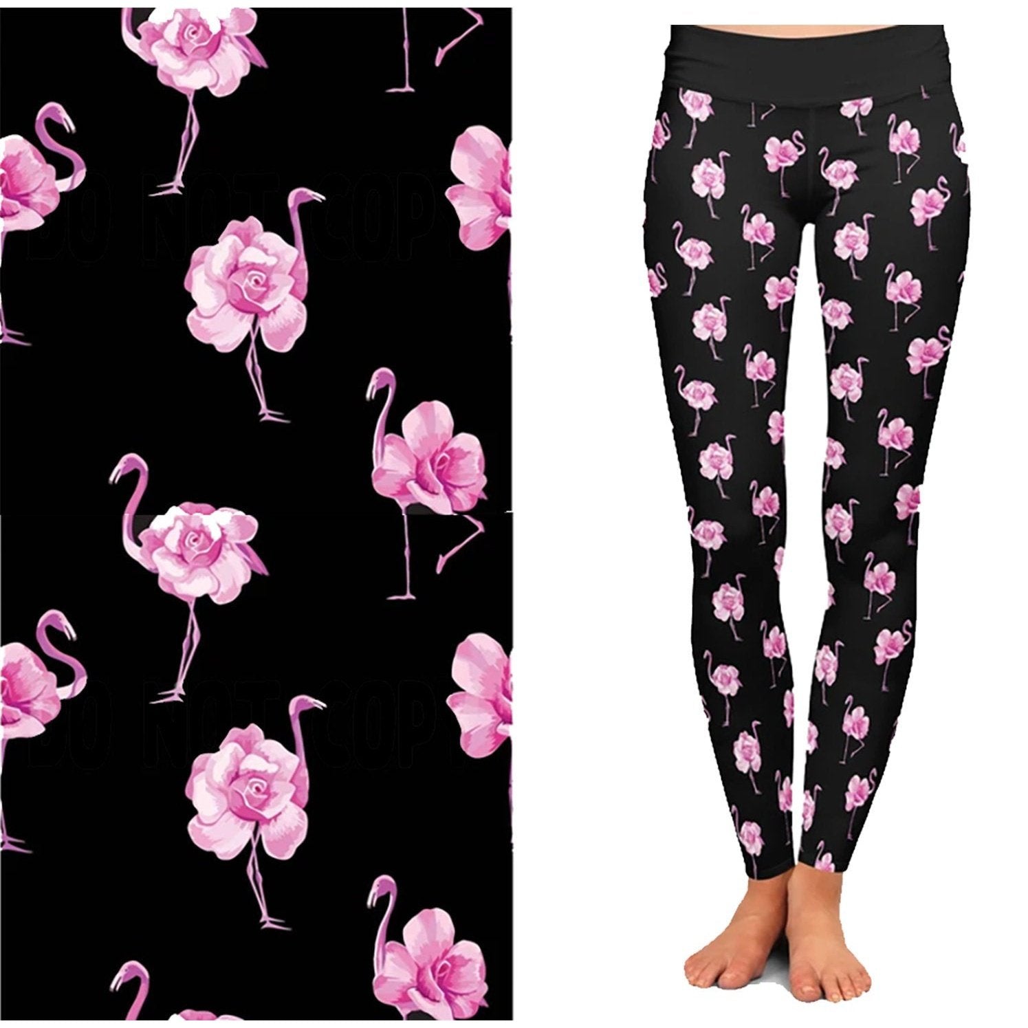 Flamingo Rose Leggings Pink Black with Pockets - Capri Length
