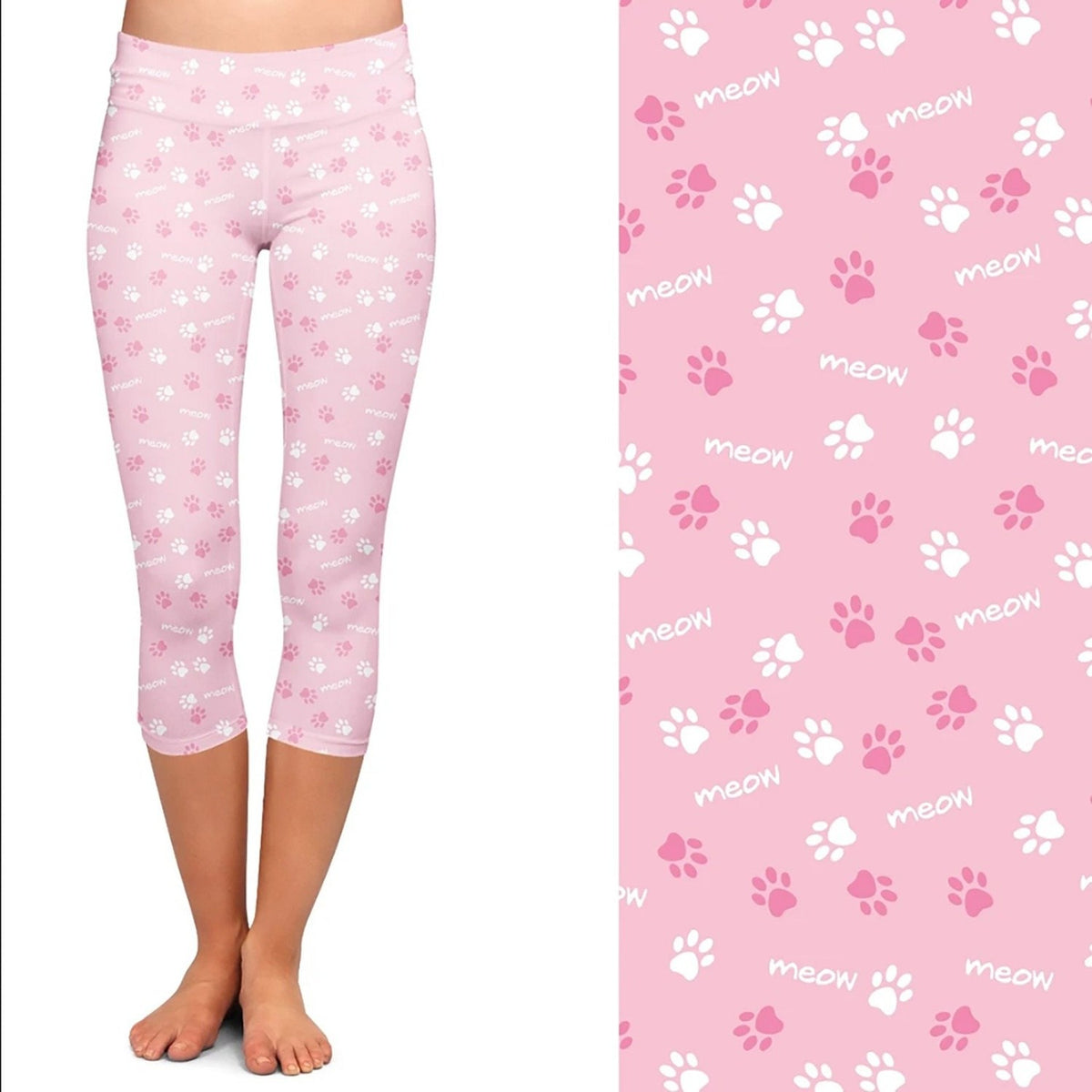 Meow Cat Leggings Meow Kitty Cats Capri Pink and White with Pockets