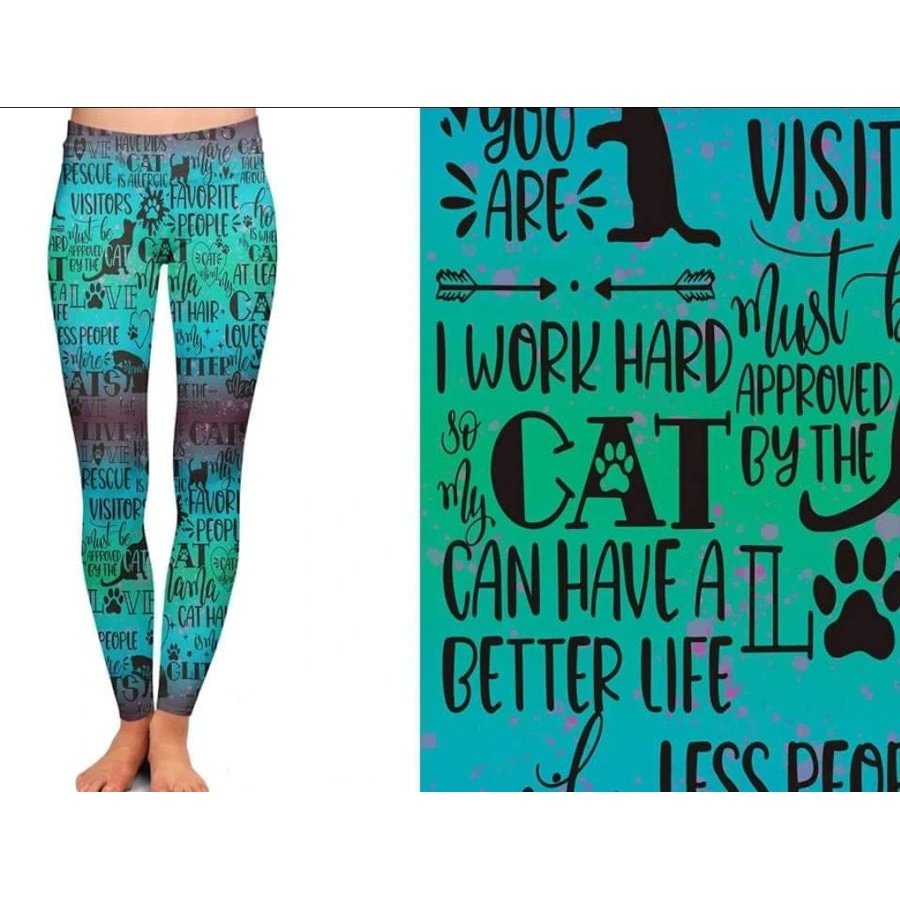 Cat Life Printed Leggings Work Hard Cat Pockets- Cat Sliding, Cats with Attitude  Cat Lover / Cat Pants / Cat RTS