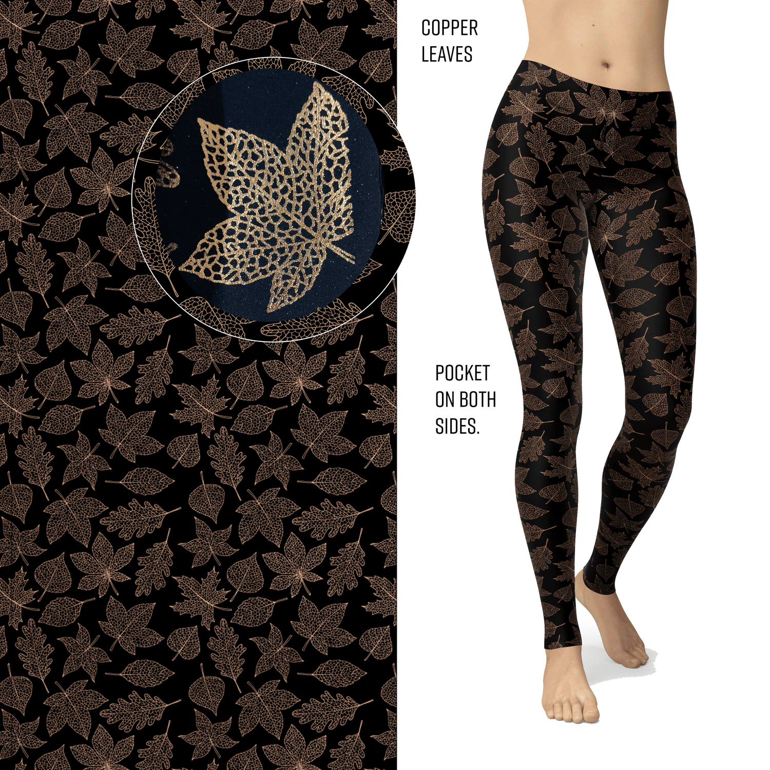 Copper Leaves Leggings with Copper Glitter and Pockets