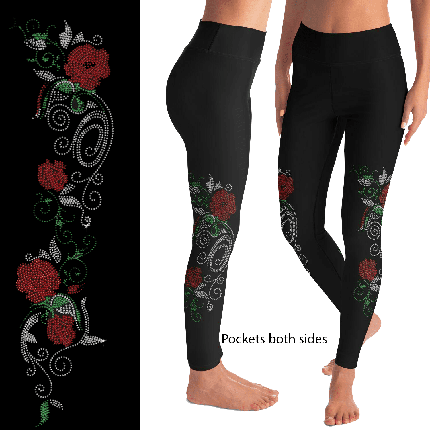 Promise Red Rose Vine Rhinestones Leggings with Pockets