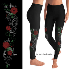 Promise Red Rose Vine Rhinestones Leggings with Pockets