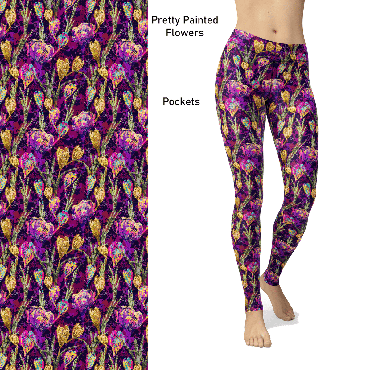 Pretty Painted Flowers Leggings with Pockets