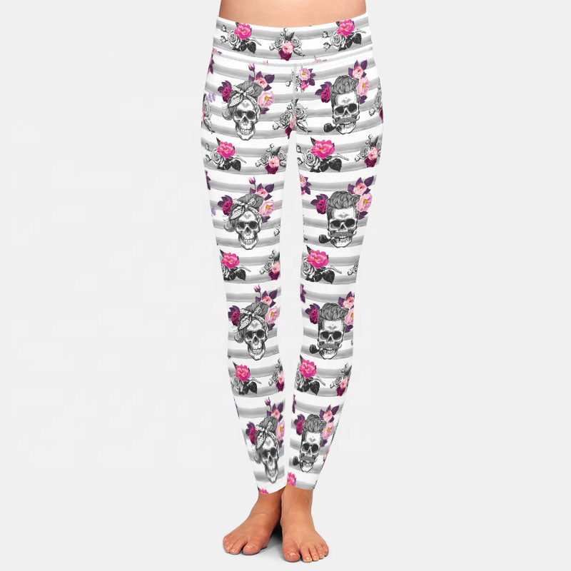 Pretty Cool Skull with Flowers and Pipe Leggings