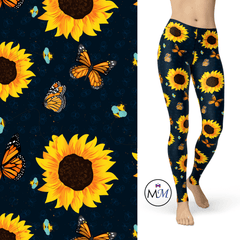 Butterfly, BumbleBee and Sunflowers Leggings Blue with Pockets