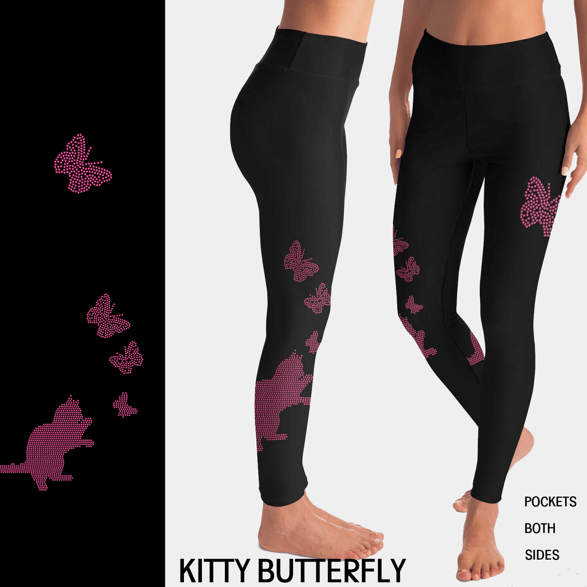 Kitty Butterfly Rhinestone Leggings with Pockets